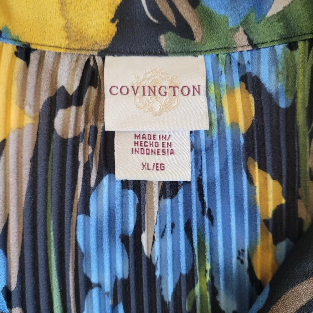 Blue Yellow Black Pleated Ruffled Womens Blouse Covington XL - Picture 5 of 10